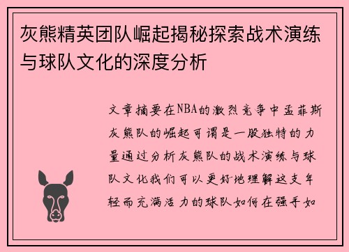 灰熊精英团队崛起揭秘探索战术演练与球队文化的深度分析